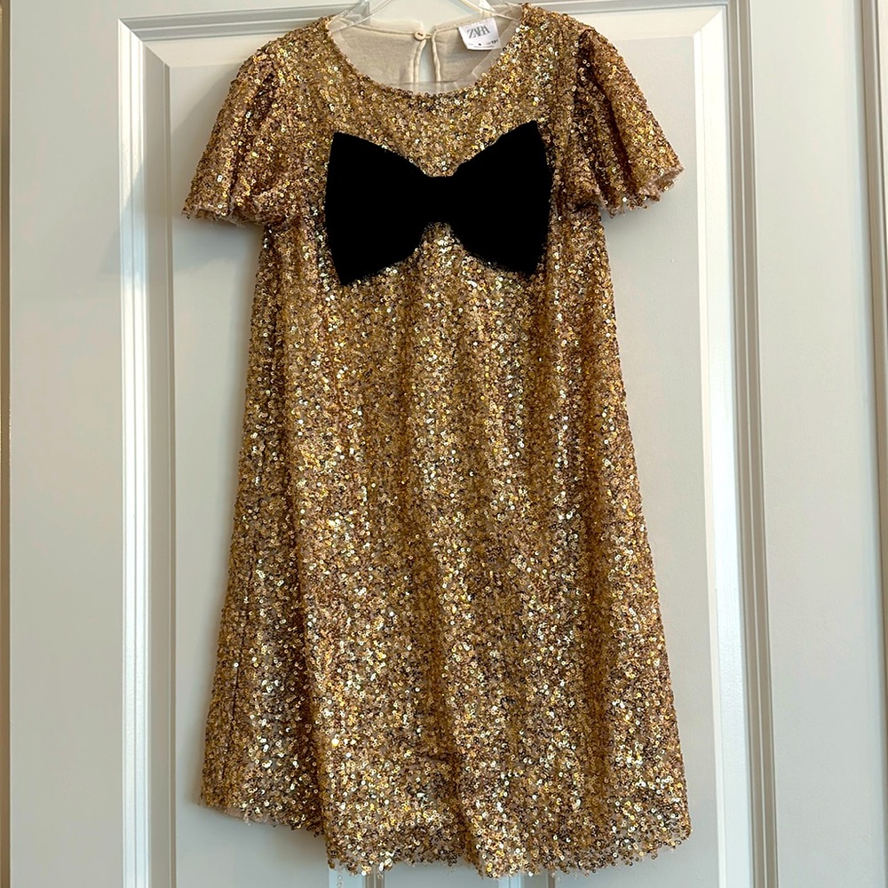 Zara Gold Sequin with Black Bow Party Dress. Size 9